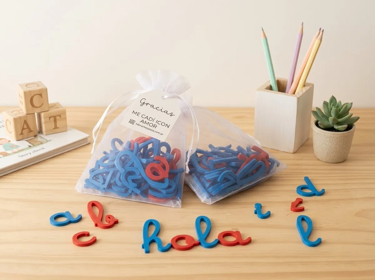 Letras cursivas móviles 3D: vocales rojas y consonantes azules sobre mesa de madera