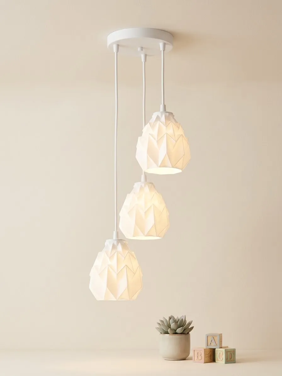 Lámpara colgante triple con pantallas origami impresas en 3D en tono blanco cálido sobre base circular de techo, acompañadas de decoración en tonos neutros.